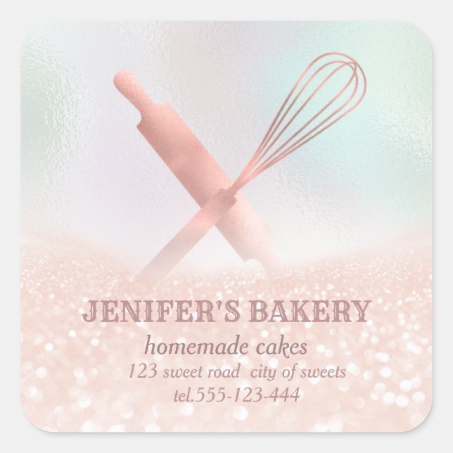 Glittery sparkle rolling pin & whisk chef bakery square sticker (Front)