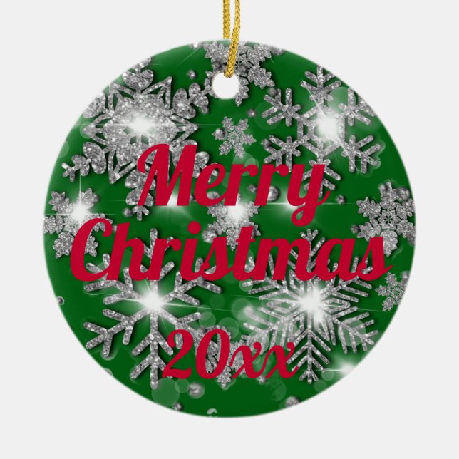 Glittery sparkling silver festive snowflake  ceramic ornament (Front)