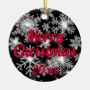 Glittery sparkling silver festive snowflake ceramic ornament