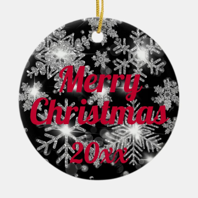 Glittery sparkling silver festive snowflake  ceramic ornament (Front)