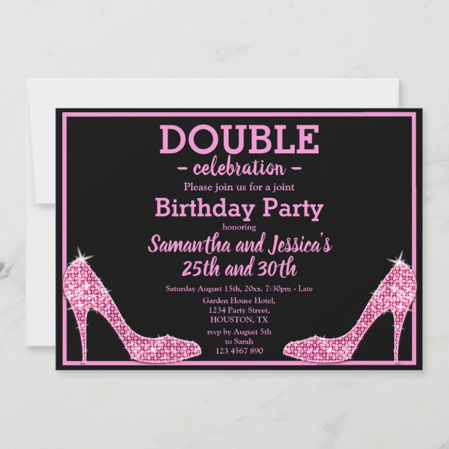 Glittery Sparkly Pink Stilettos Double Birthday  Invitation (Front)