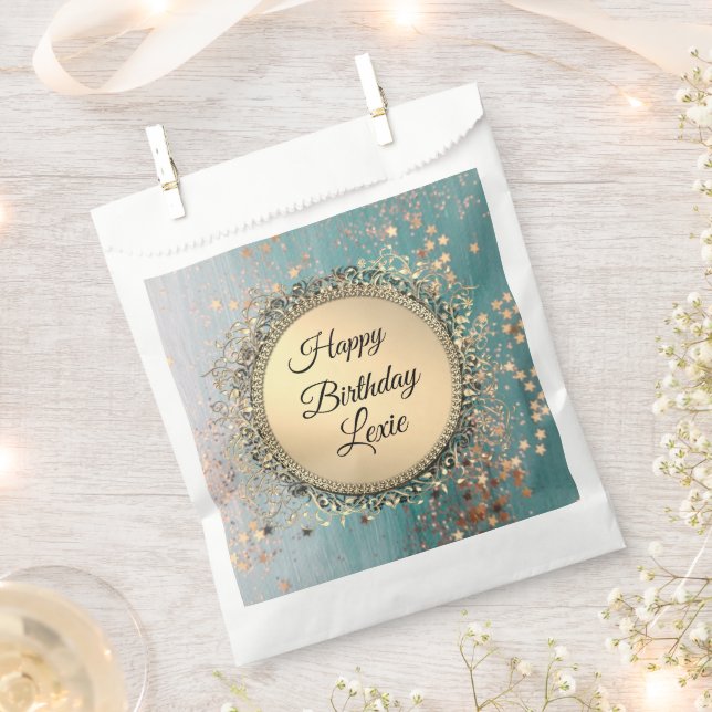 Glittery Stardust on Blue Birthday Personaized Favour Bag (Clipped)