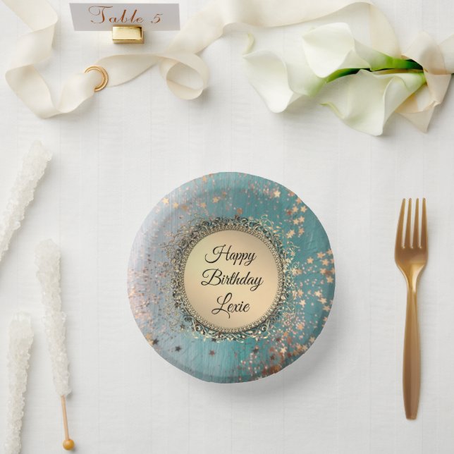 Glittery Stardust on Blue Personalized Birthday Paper Plate (Wedding)