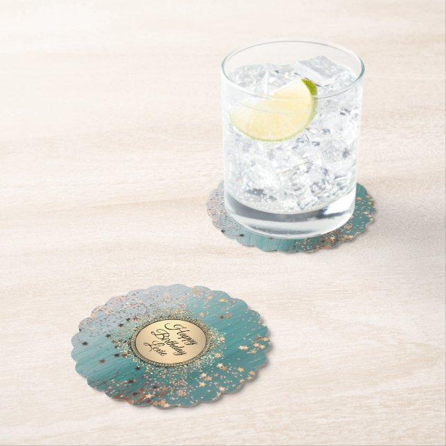 Glittery Stardust on Blue Teal  Paper Coaster (Insitu)