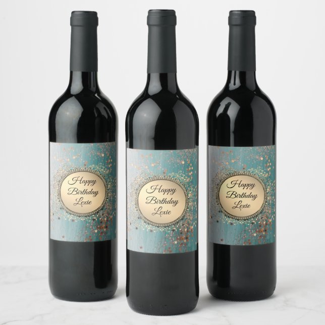 Glittery Stardust on Blue Teal   Wine Label (Bottles)