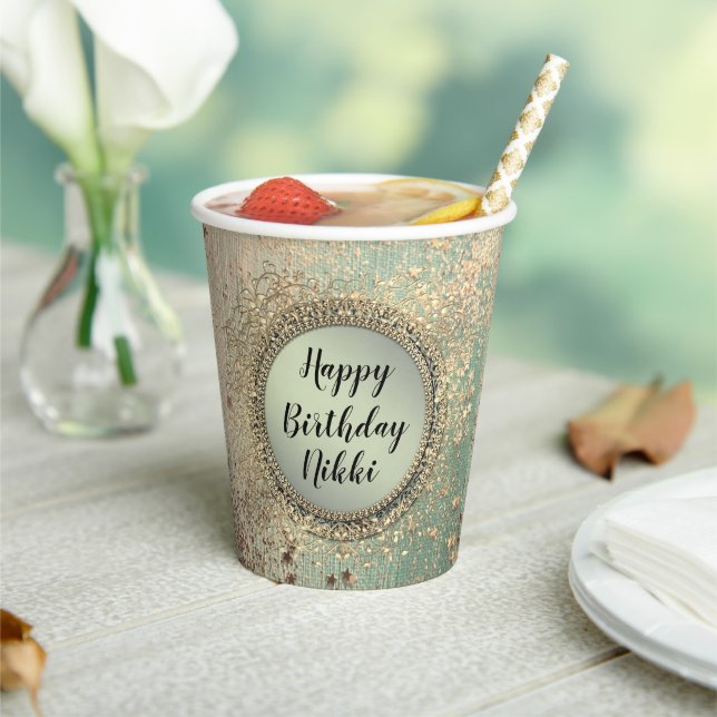 Glittery Stardust on Green Birthday Personalized Paper Cups (Insitu)