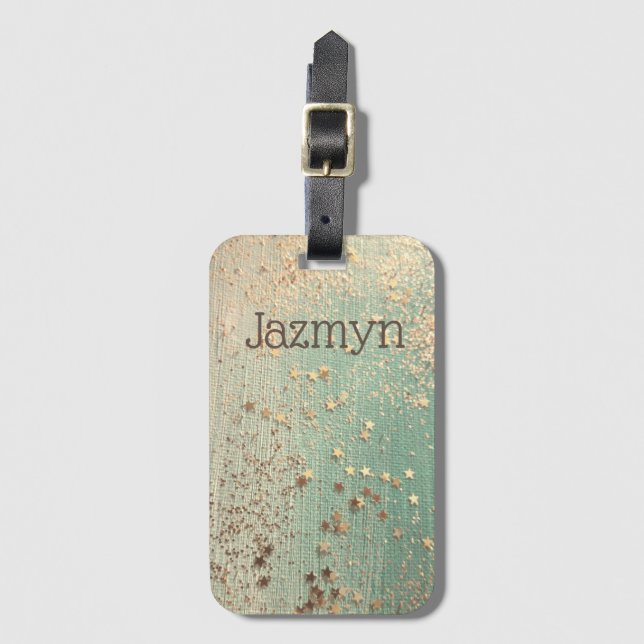 Glittery Stardust on Sea Green Personalized Luggage Tag (Front Vertical)