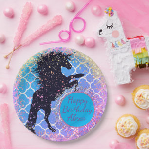 Glittery Starry Unicorn Personalized Birthday Paper Plate