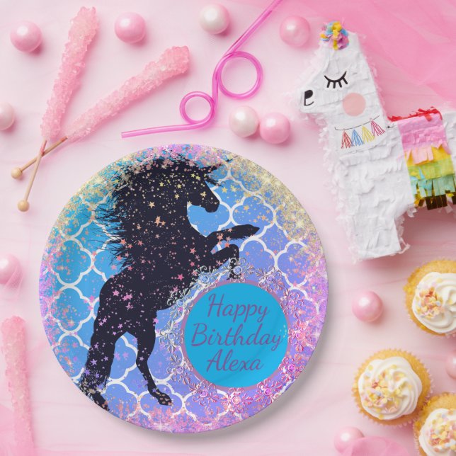 Glittery Starry Unicorn Personalized Birthday Paper Plate (Party)