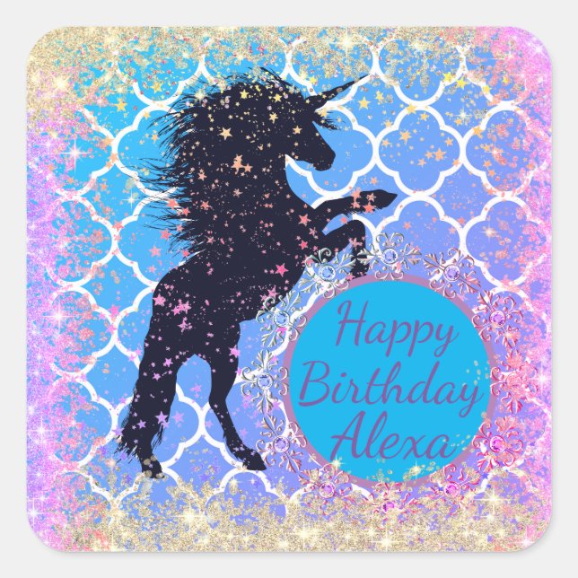 Glittery Starry Whimsical Unicorn          Square Sticker (Front)