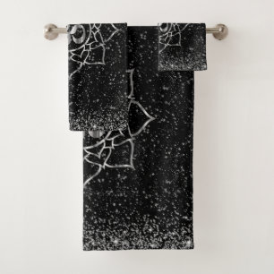 Glittery Stars OM Mandala on Black Bath Towel Set