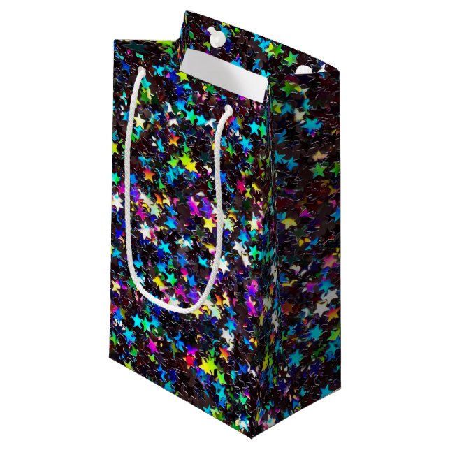 glittery stars on black small gift bag (Front Angled)