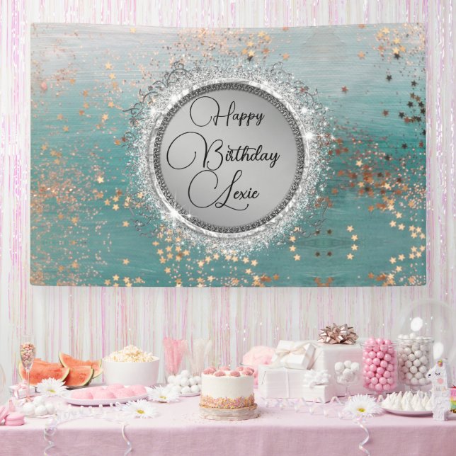 Glittery Stars on Blue Personalized Birthday Banner (Party)