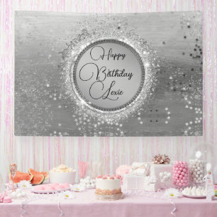 Glittery Stars on Silver Personalized Birthday Banner