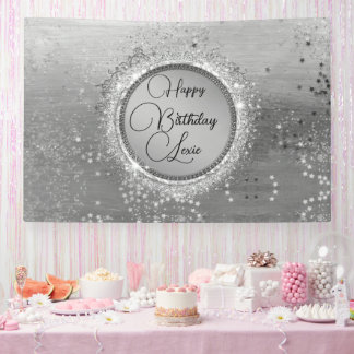 Glittery Stars on Silver Personalized Birthday Banner