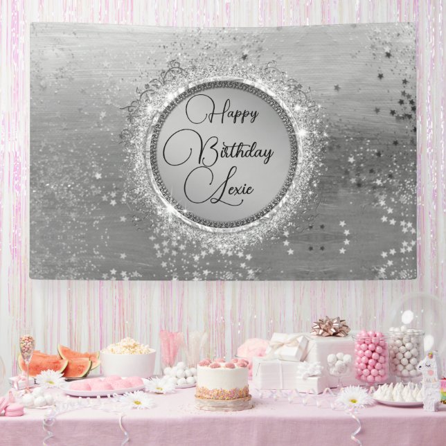 Glittery Stars on Silver Personalized Birthday Banner (Party)