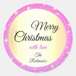 Glittery Stars Pink Glitter Effect Christmas Gold Classic Round Sticker