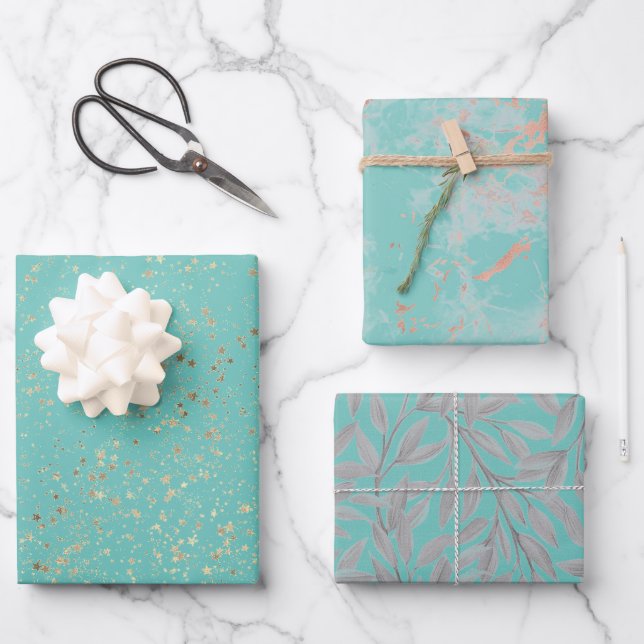 Glittery Stars Rose Gold Marble Silver Leaves  Wrapping Paper Sheet (Front)