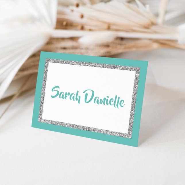 Glittery Teal and Silver Personalized Note Card (Creator Uploaded)