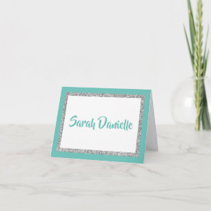 Glittery Teal and Silver Personalized Note Card