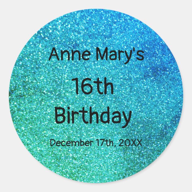 Glittery Teal Blue Green Sparkle 16th Birthday Classic Round Sticker (Front)