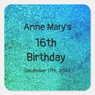 Glittery Teal Blue Green Sparkle 16th Birthday Square Sticker