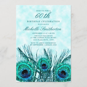 Glittery Teal Blue Peacock Feathers 60th Birthday Invitation
