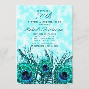 Glittery Teal Blue Peacock Feathers 70th Birthday Invitation