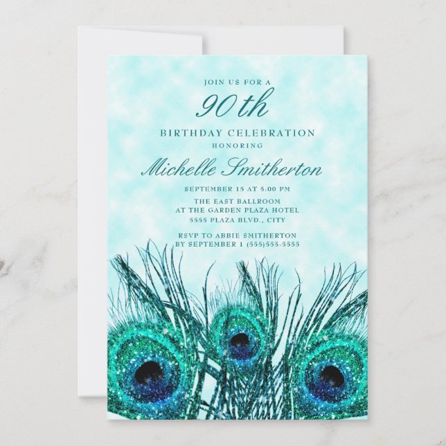 Glittery Teal Blue Peacock Feathers 90th Birthday Invitation (Front)