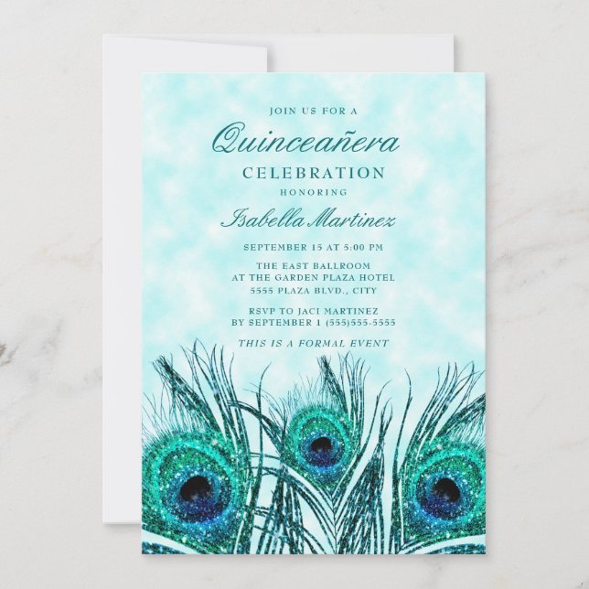 Glittery Teal Blue Peacock Feathers Quinceañera Invitation (Front)