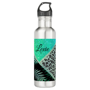 Glittery Teal Ferns Leopard Print      710 Ml Water Bottle