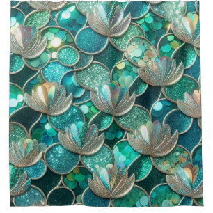 Glittery Teal Mermaid Print With Flowers