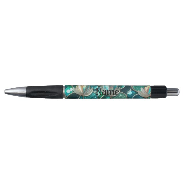 Glittery Teal Mermaid Tail And Flowers Print Name Pen (Front)