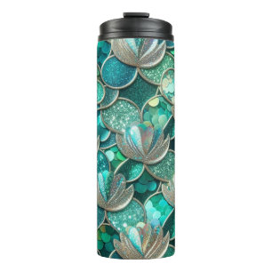 Glittery Teal Mermaid Tail And Flowers Print Thermal Tumbler