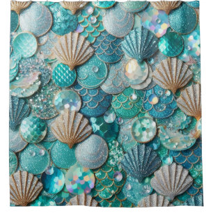 Glittery Teal Mermaid Tail Scales Print And Shells