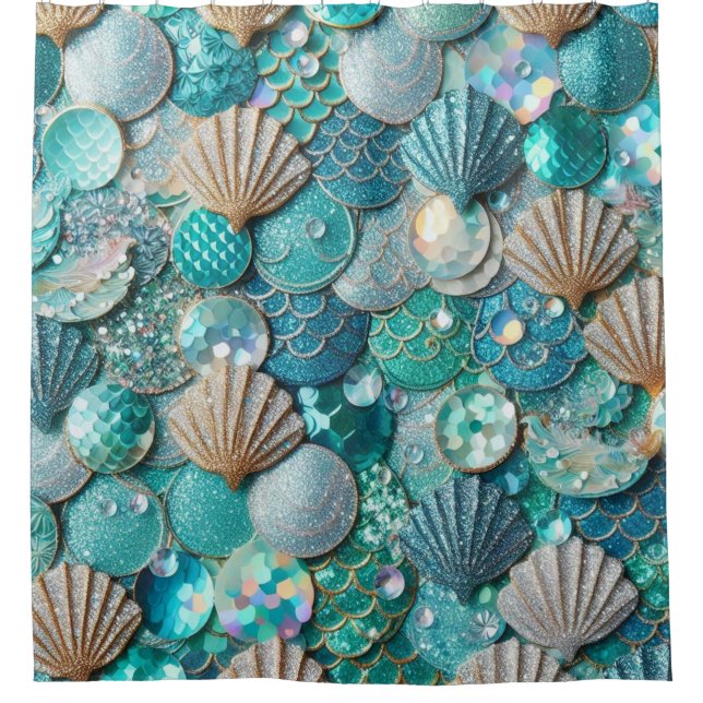 Glittery Teal Mermaid Tail Scales Print And Shells (Front)
