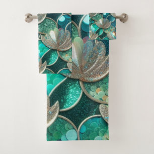 Glittery Teal Mermaid Tail Scales Print And Shells Bath Towel Set