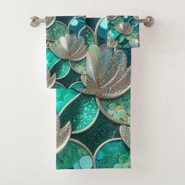 Glittery Teal Mermaid Tail Scales Print And Shells Bath Towel Set (Insitu)