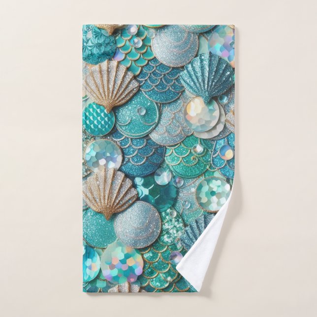Glittery Teal Mermaid Tail Scales Print Hand Towel (Hand Towel)