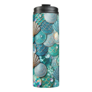 Glittery Teal Mermaid Tail Scales Print  Thermal Tumbler