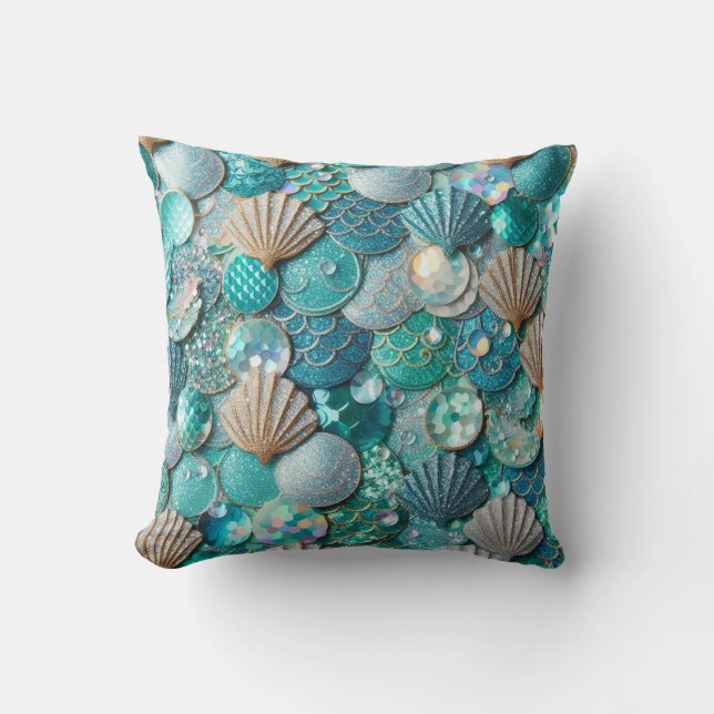 Glittery Teal Mermaid Tail Scales Print  Throw Pillow (Front)