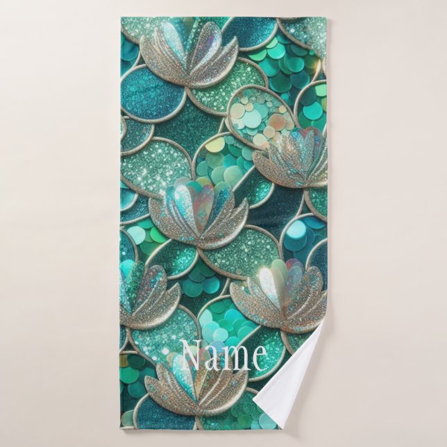 Glittery Teal Mermaid Tail Shells Print Name Bath Towel (Bath Towel)