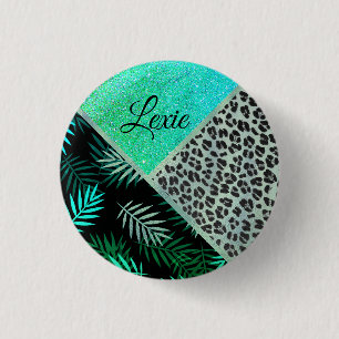 Glittery Teal Tropical Leopard Print 1 Inch Round Button