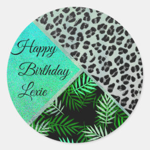 Glittery Teal Tropical Leopard Print Birthda Classic Round Sticker