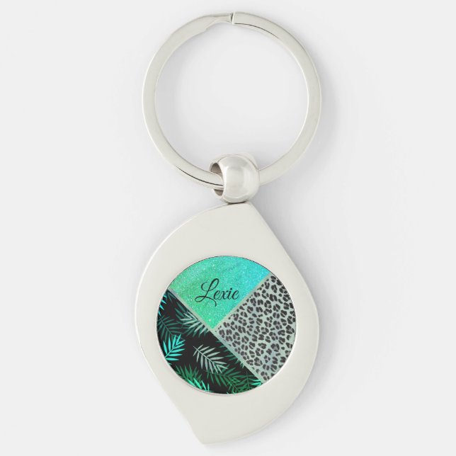 Glittery Teal Tropical Leopard Print Custom    Keychain (Front)