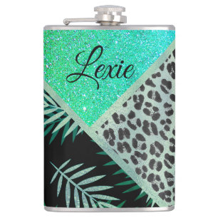 Glittery Teal Tropical Leopard Print Hip Flask
