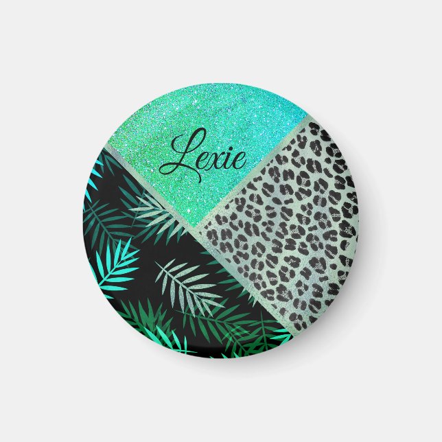 Glittery Teal Tropical Leopard Print    Magnet (Front)