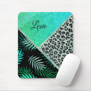 Glittery Teal Tropical Leopard Print Mouse Pad