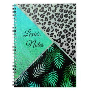 Glittery Teal Tropical Leopard Print Notebook