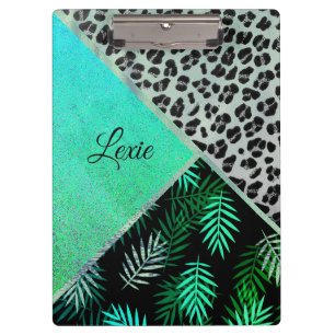 Glittery Teal Tropical Leopard Print Personalized Clipboard